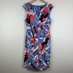 Adrianna Papell Shift Dress Womens 14 Coral Multi Print Stretch Side Drape NWT